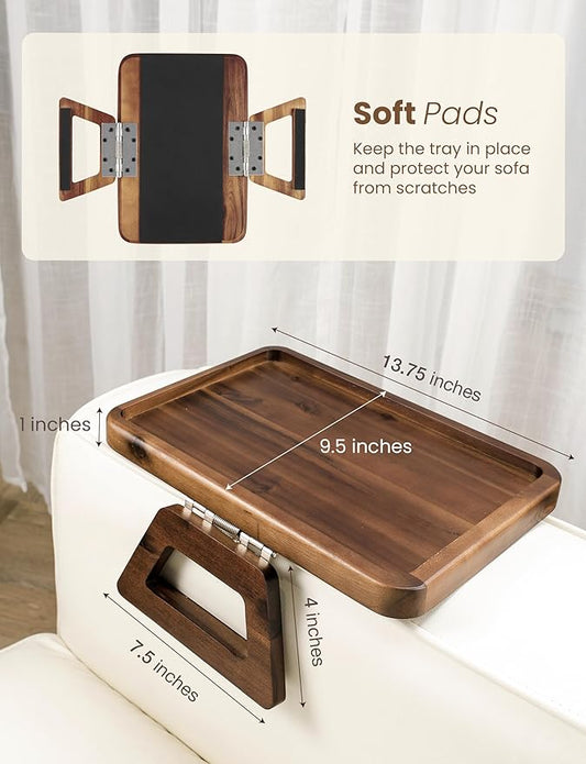 Tinamo Acacia Sofa Arm Tray, Rectangle Couch Armrest Table - Couch Accessories, Armchair Caddy, Clip on Tray for Home Sofa Living Room, Sofa Arm Table (Walnut, 13.75" D x 9.5" W x 1" H)