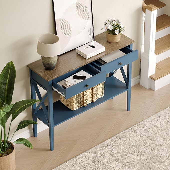 ChooChoo 47.24" Console Table with Drawers, Narrow Wood Accent Sofa Table Entryway Table with Storage Shelf for Entryway, Front Hall, Hallway, Living Room, Blue