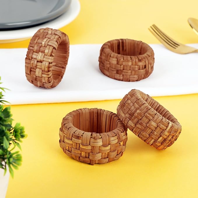 Nautical Coastal Rattan Napkin Rings - Set of 6 Natural Beach, Party & Dining Table Decor, Handcrafted Rustic Napkin Holders, Home & Kitchen Accessory (Brown) - ALPHA Living HOME