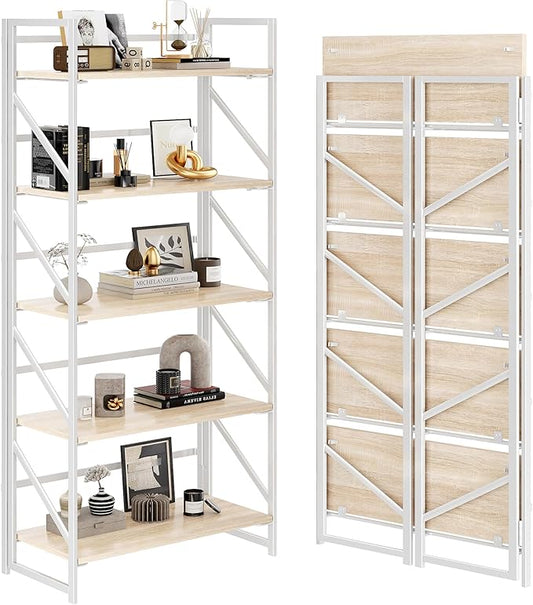 JSB No Assembly Folding Bookshelf, 5 Tier Industrial Metal Book Shelf for Storage, Vintage Wood Foldable Bookcase for Living Room, Bedroom, Office Organization Shelves