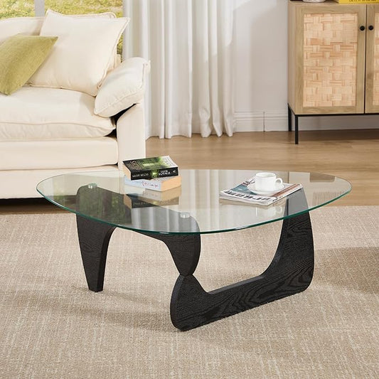 Glass Coffee Table, 44.5" Triangle Center Table with Wood Base Modern Abstract End Table for Living Room Office Patio, Black