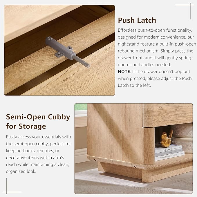 ACCOHOHO Nightstand Set of 2 with Charging Station, 22" Large Modern Bedside Table with 2 Drawers Storage,Push-to-Open End Table for Bedroom,Living Room,Natural Oak