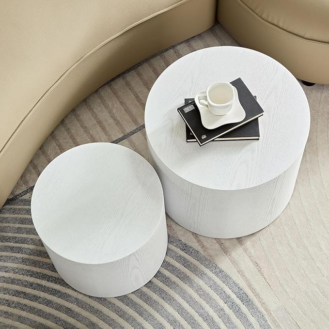 KEVINSPACE Coffee Table Set of 2, 18.9" Modern Round Coffee Tables White Nesting Coffee Table Circle Side Table for Small SpaceAccent End Table Set No Assembling White Wood Grain