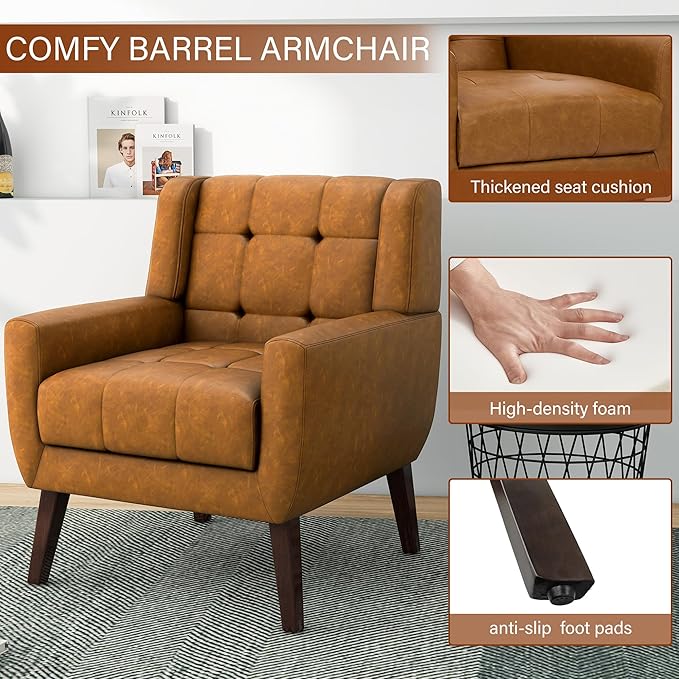 Pia Ricco 2 Pack Mid Century Modern Accent Chairs, Button Tufted Faux Leather Armchairs - Easy-Clean Matching Set for Living Room, Durable Sofa Chairs for Home Office & Lounge, Brown