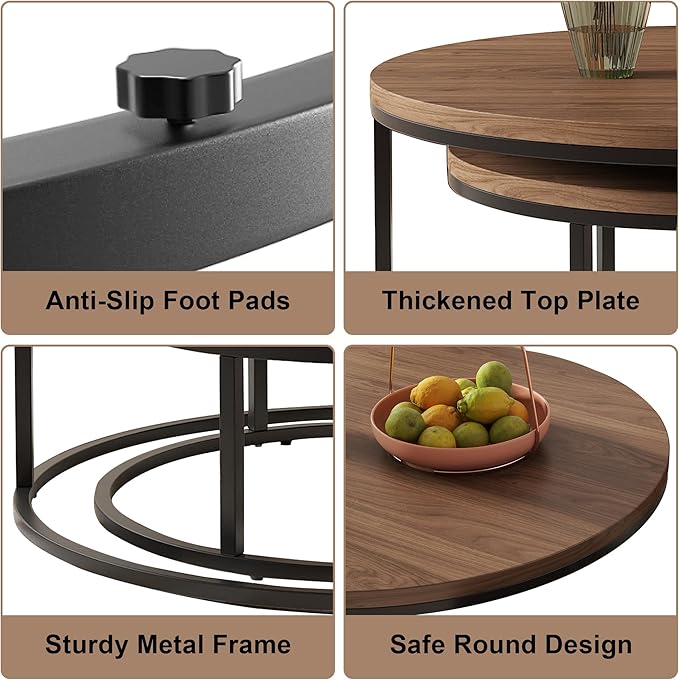 Round Nesting Coffee Table Set of 2, Modern Minimalist Accent Tables for Living Room, Bedroom, Office, Stackable Side Tables (Espresso)