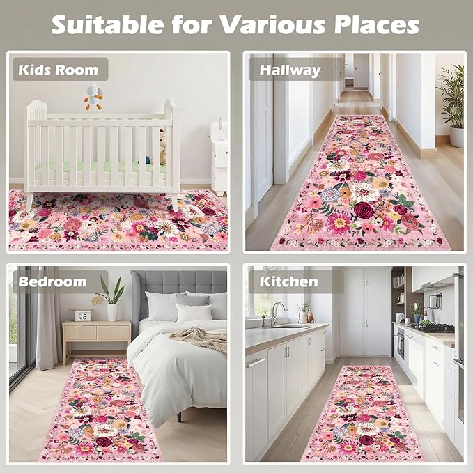 Pink Rug for Hallways Kitchen Rug 2x8, Non Slip Washable Rugs with Rubber Backing Soft Floral Carpet Runner for Hallways, Kitchen, Laundry, Bedroom, Bathroom (2 x 8, Pink Garden)