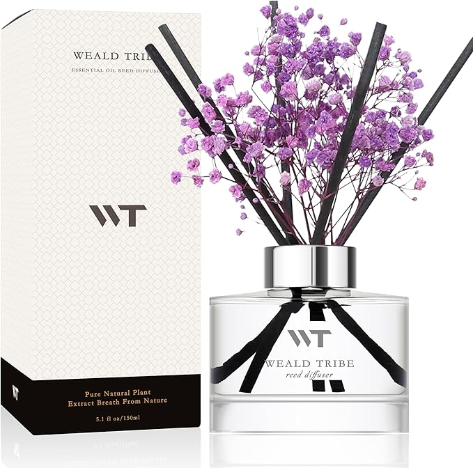 WEALD TRIBE Flower Reed Diffuser Set Lavender Scent for Bathroom Accessories Shelf Decor & Air Fresheners, Sticks Defusers with 5.1 fl oz Essential Oils & Leaves, House Bedroom Office Decor & Gifts