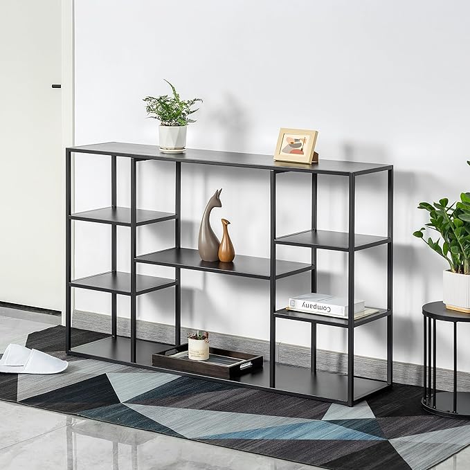 47 Inch Metal Console Table with 8 Storage Shelves,Extra Long Entryway Table,Narrow Sofa Table,Hallway Table for Entrances to Corridor,Foyer,Living Room (Black, 47.24×11.81×31.5in)
