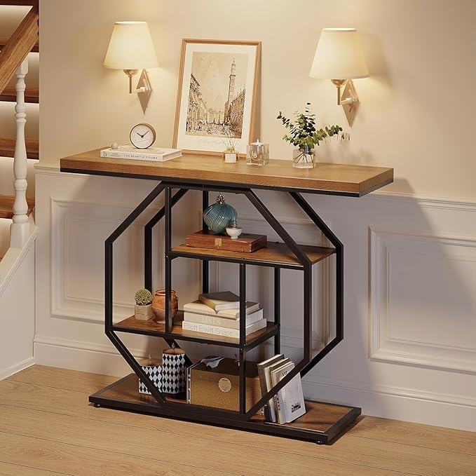 GiftGo 41.3" Narrow Console Table Entryway Industrial 4-Tier Sofa Table Behind Couch with Octago Base Wood Accent Tables with Storage Shelves for Living Room, Hallway, Foyer (Brown)