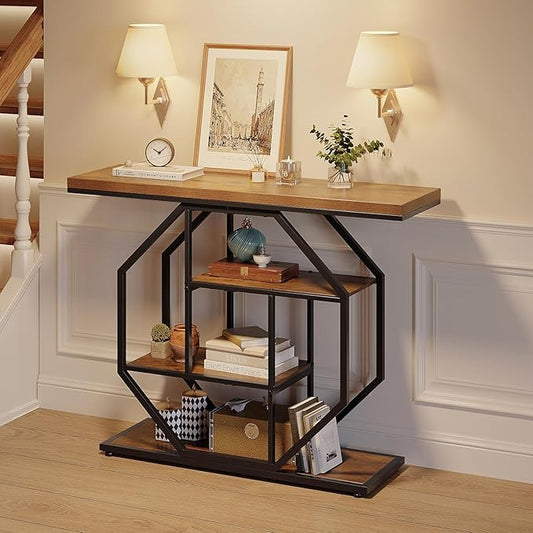 GiftGo 41.3" Narrow Console Table Entryway Industrial 4-Tier Sofa Table Behind Couch with Octago Base Wood Accent Tables with Storage Shelves for Living Room, Hallway, Foyer (Brown)