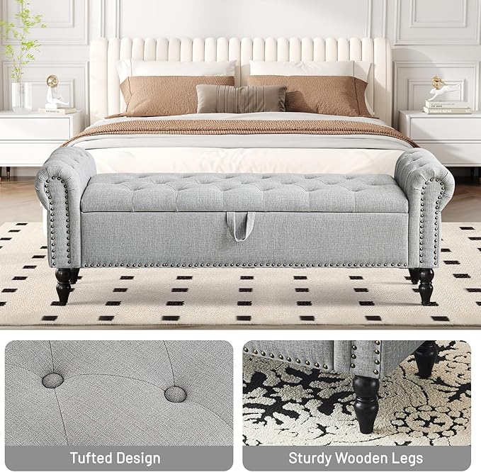 Furniliving 63” End of Bed Bench, Bedroom Bench with Button-Tufted, Large Upholstered Storage Ottoman Benches Entryway Bench with Storage Shoe Cabinet Bench, for Bedroom, Living Room, Linen, Grey
