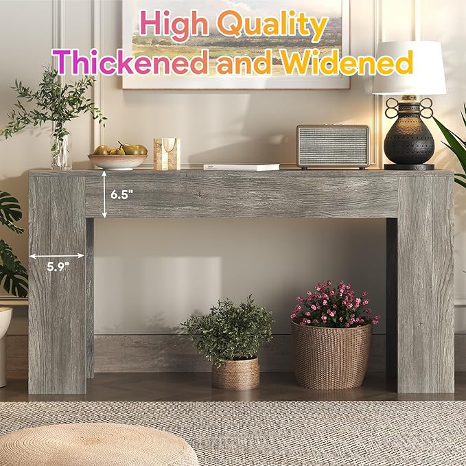 63-Inch Long Console Table with LED Light, Farmhouse Sofa Table Behind Couch, Wooden Console Table for Entryway Hallway Entrance Living Room, Gray