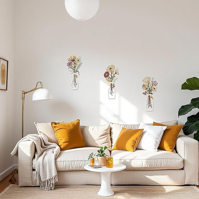 Iron Metal Vase Flower Wall Art Set of 3 - Minimalist Black Floral Decor for Living Room Bedroom Kitchen, Office Garden - Modern Farmhouse Home Decor & Housewarming Gifts (Yellow-Brown)