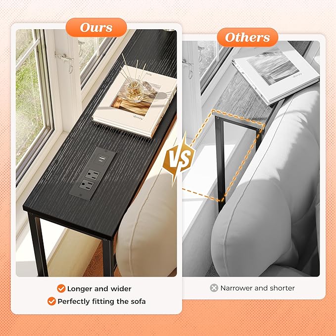 SUPERJARE 102.4 Inch Sofa Table with Power Outlets and USB-C Port, 5.9 Inch Narrow Console Tables, Entryway Hallway Couch Tables with Storage, Behind Sofa, Small Spaces, Living Room, Black