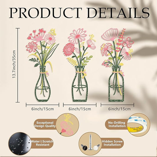 Iron Metal Vase Flower Wall Art Set of 3 - Minimalist Black Floral Decor for Living Room Bedroom Kitchen, Office Garden - Modern Farmhouse Home Decor & Housewarming Gifts (Green-Pink)