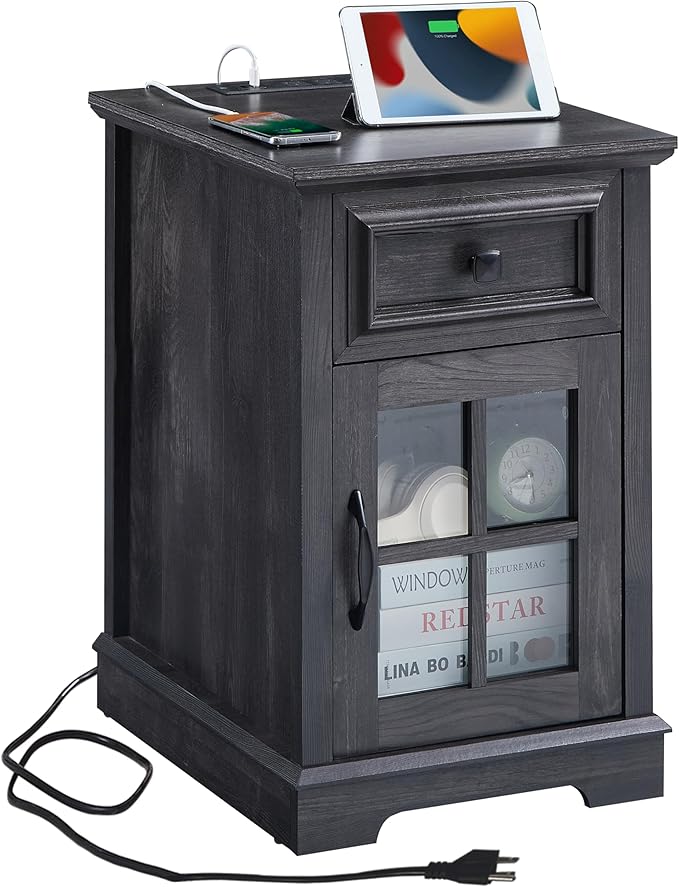 Farmhouse XXL End Table with Charging Station, Side Table with USB Ports and Outlets, Nightstand with Drawer and Glass Door Storage, Grey Bedside Tables for Living Room, Bedroom, Office