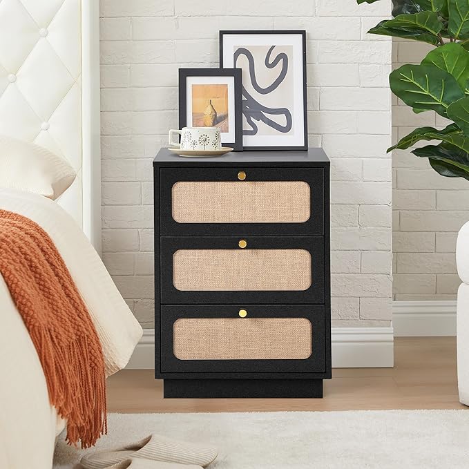 16 Inch Nightstand with 3 Drawer, Modern Wood Night Stand Storage with Linen Decor, Farmhouse Small Side Table for Sofa Couch, End Table for Bedside Bedroom, Living Room (Black)