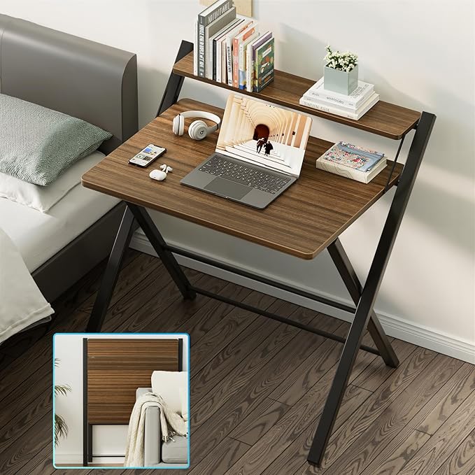 GreenForest No Assembly Folding Desk, 2-Tier Compact Computer Desk with Shelf, 30 inch Space Saving Foldable Table for Home Office, Dorm or Apartment, Portable Collapsible Sturdy Laptop Desk, Espresso