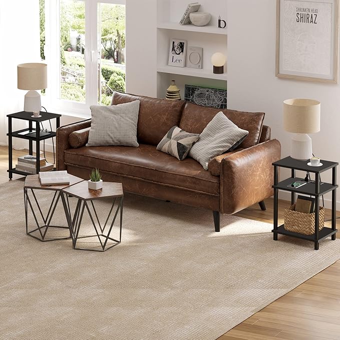 TUTOTAK End Table with Charging Station, Side Table with USB Ports and Outlets, Nightstand, 3-Tier Storage Shelf, Sofa Table for Small Space TB01BK042