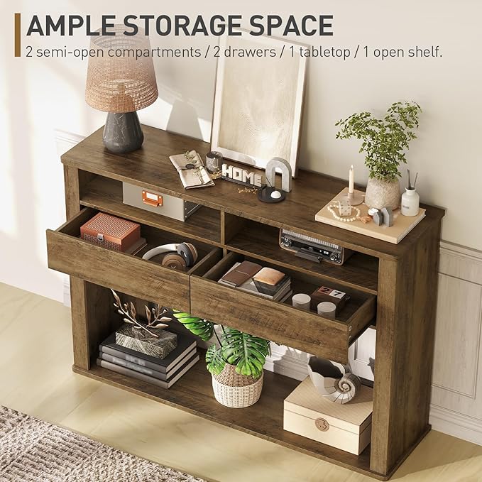 43.3 Inches Console Table, Narrow Entryway Table with 2 Drawers, 2 Compartments and Bottom Shelf, Farmhouse Hallway Accent Table for Entryway, Living Room, Foyer, Hallway, Dark Brown