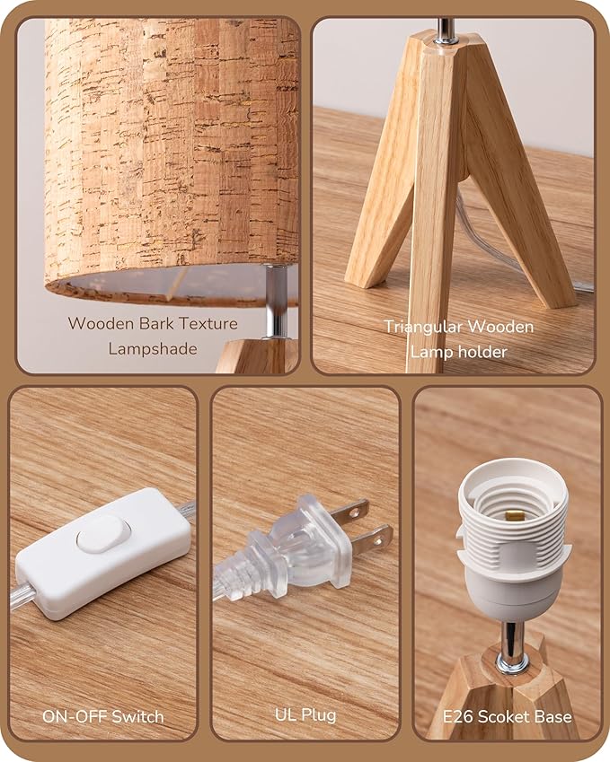 EDISHINE Small Table Lamp, Wooden Tripod Nightstand Lamp with Bark Linen Shade, Farmhouse Bedside Lamp for Nursery, Bedroom, Kids Room, Office, Reading Desk, 14.2 Inch, E26 Socket, ON/Off Switch