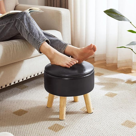 IBUYKE 13 Inch Foot Stool Ottoman with Storage, Round Small Foot Rest with Padded Seat and Wood Legs, PU Faux Leather Mini Footstool for Living Room Couch Bedroom Entryway, Black WBD023B
