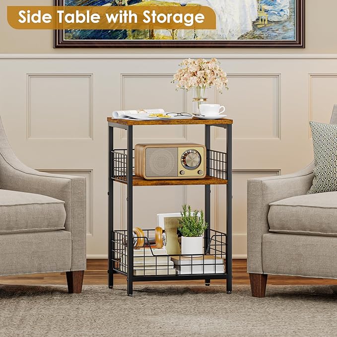 X-cosrack Side Table, Small End Table Record Player Stand with Storage, Vinyl Record Storage Night Stand for Living Room, Bedroom,Office(Patent Pending)(Rustic Brown & Black)