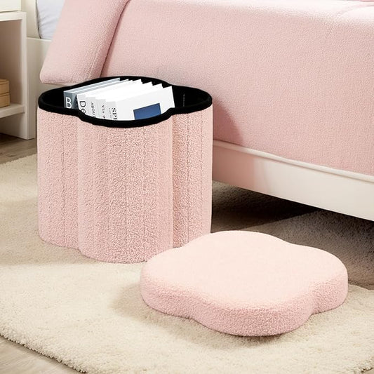 12.6" Small Ottoman with Storage, Flowers Shaped Foldable Foot Rest for Dorm Room, Living Room - Compact Organizer for Small Spaces-Pink
