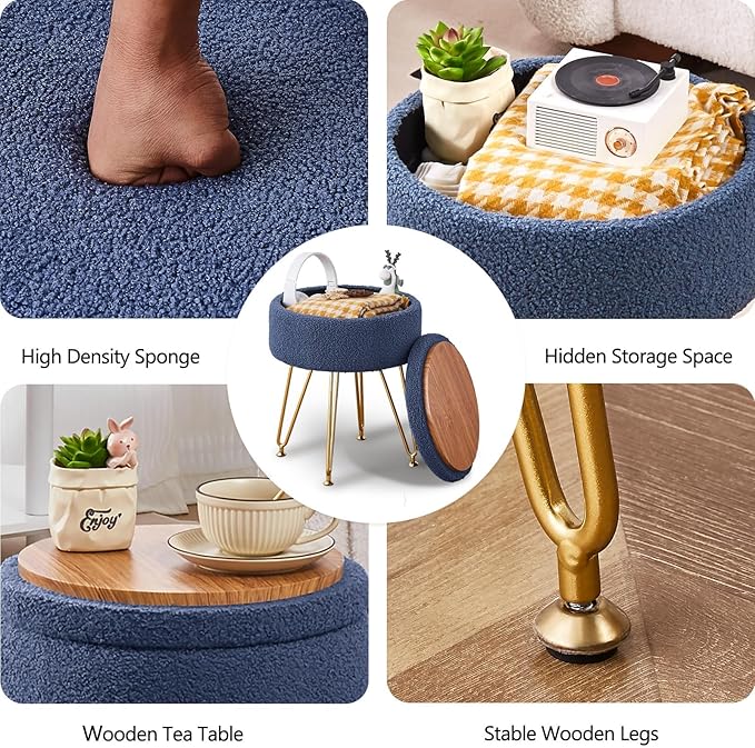 Wimarsbon Storage Ottoman,Teddy Velvet Vanity Stool,Soft Padded Seat,Round Footrest with Removable Cover and Adjustable Legs,Modern Decorative Accent Footstool or End Table for Hallway (Grey-Blue)