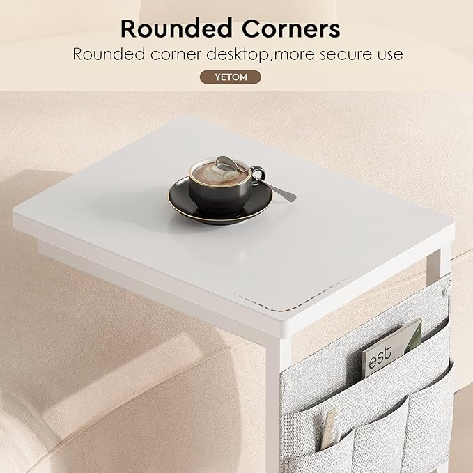 Side Table,C Table with 2-Tier Storage Shelf, End Table with a Storage Bag, Sofa Table with Wheels for Living Room, Bedroom, Office, Bathroom, White