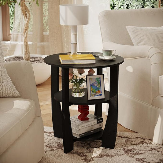 Round End Table with Storage Shelf,3 Tier Modern Side Table, Sofa Recliner Side Table,Accent Coffee Table,Nightstand for Living Room Bedroom for Small Spaces,19.7" D x 21.7" H