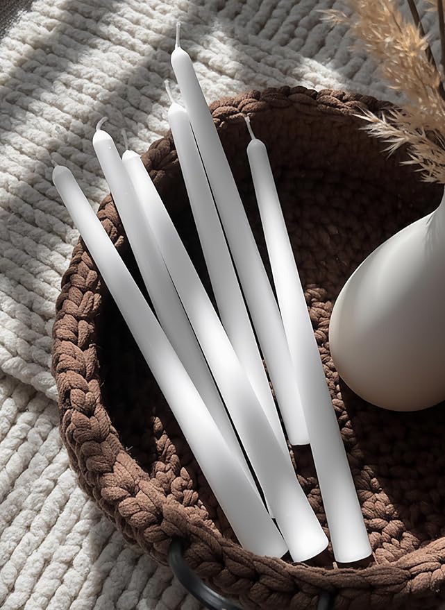 12pk 10" Classic Taper Candles, White, 7-8 Hours Long Burning, Unscented Tall Candlesticks