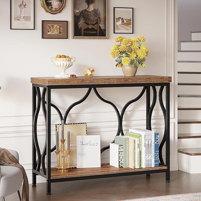 IBF 39.4" Narrow Console Table, Farmhouse Entryway Table in Living Room Hallway Foyer Entrance, Industrial Wood Metal Sofa Table Entry way Behind Couch Tables with 2-Tier Storage Shelves, Rustic Brown