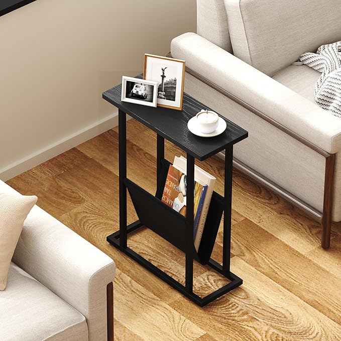 Yusong Narrow Side Table for Small Spaces, Small End Table Set of 2 with Magazine Holder, Skinny Slim Little Thin Table for Living Room, Bedroom, Sofa, Black Oak