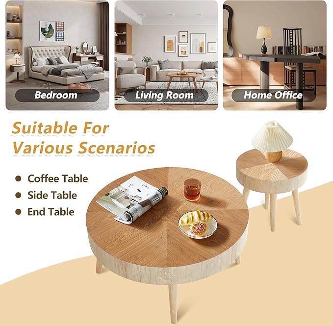 AVZEAR Nesting Round Coffee Table Set of 2, Farmhouse Modern Coffee Table, Natural Wood Nesting Tables Boho Side Table End Table Set for Living Room Bedroom, Cafe, Office, Wood Color