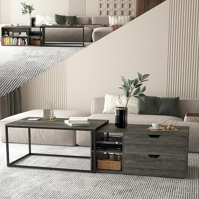 Nesting Coffee Tables Set of 2,Modern Center Coffee Table with Drawers and Storage Shelf,Farmhouse Rectangular Coffee Table Side Tables for Living Room Bedroom
