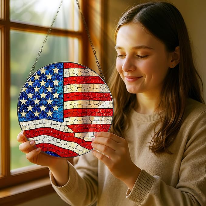 Stained Glass Window Hanging, Pauyadu 8 Inch American Flag Stained Glass Suncatcher, Patriotic Home Decor, Window Decor, USA Flag Gift Ideas, Patriotic Themed Gifts, Gifts for Women and Men