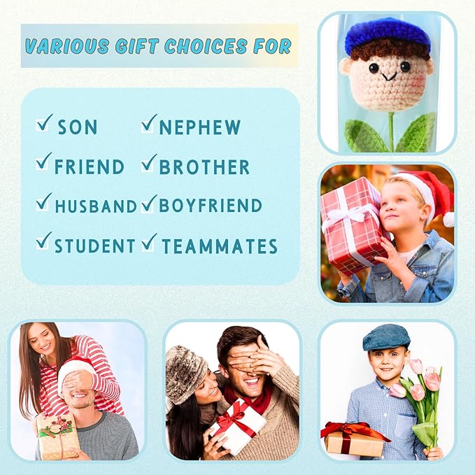 Crochet Handmade Flower Doll Bouquet Gift for Him, DIY Knitted Gifts for Home Office Desk Decor, Gift Ideas for Son Boy Boyfriend