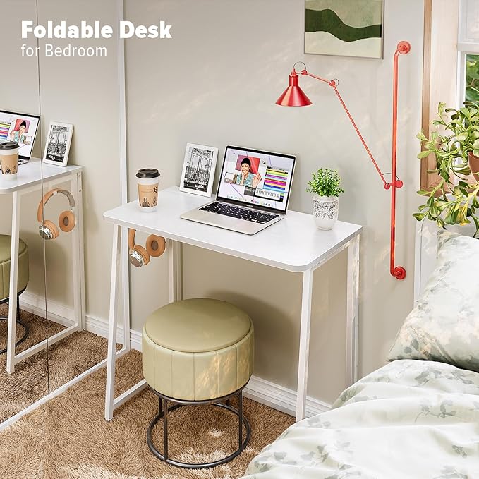 WOHOMO Folding Desk, 31.5" Small Desk for Small Spaces, Easy Assemble Foldable Computer Desk for Laptop, Mini Portable Working Table Narrow Wooden Writing Workstation for Home Office, White