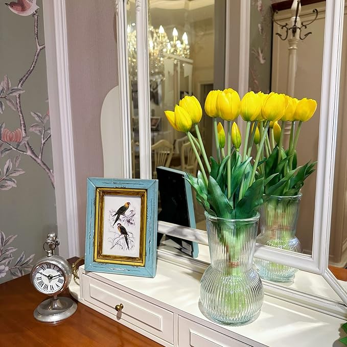 16-inch Premium Real Touch Fake Tulips, Artificial Flowers with Buds, Flexible Stem Easy to Shape, Faux Tulips (Vase not Included), 5-Pack Set of Lemonade Yellow