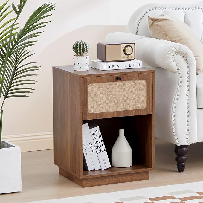 16" Wooden Night Stand with Drawer and Open Shelf, Mid Century Wooden Bed Side Table with Storage, Linen Decor Small End Table for Bedroom, Home Office, Living Room (Walnut)