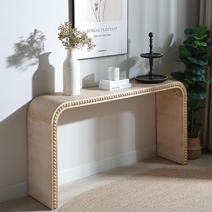 59" Wood Console Table with Wood Beads, for Entryway, Hallway, Living Room, Foyer, Corridor, Office, Modern Curved Waterfall-Style