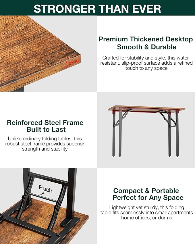 Frylr Small Folding Computer Desk – 43.3 Inch Portable Table for Craft and Study, Lightweight Desk for Small Spaces, Foldable Laptop Table Built-in AC/USB Outlets for Convenience, Rustic Brown