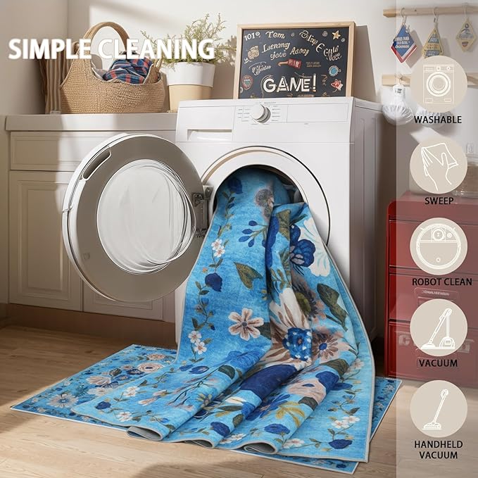 Floral Hallway Runner Carpet Non-Slip, 2x10 Washable Rug Ultra-Thin Soft for Hallways, Kitchen Mat Stain Resistant for Entryway Bathroom (2 x 10, Blue Garden)