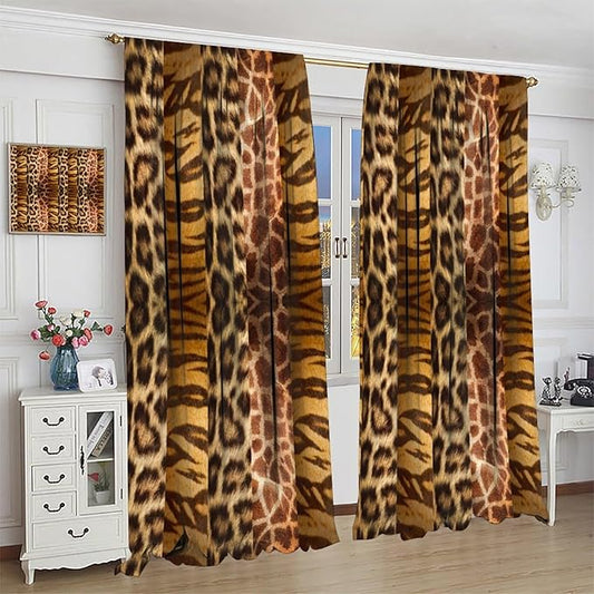 Leopard Print Blackout Curtain, Retro Wild Animal Skin Farmhouse Fur Leopard Print Drapes, Rod Pocket Window Treatments 2 Panels Curtains for Kitchen Living Room Bedroom Cafe Decor 52"W X 84"L