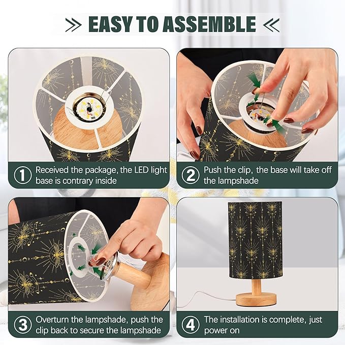 Table Lamp Gold Geometric Bee Moon Sun Stars Mystical Nightstand Lamp with Wood Base Fabric Lamp Shade Bedside Desk Lamp for Living Room Bedroom Kids Room Office