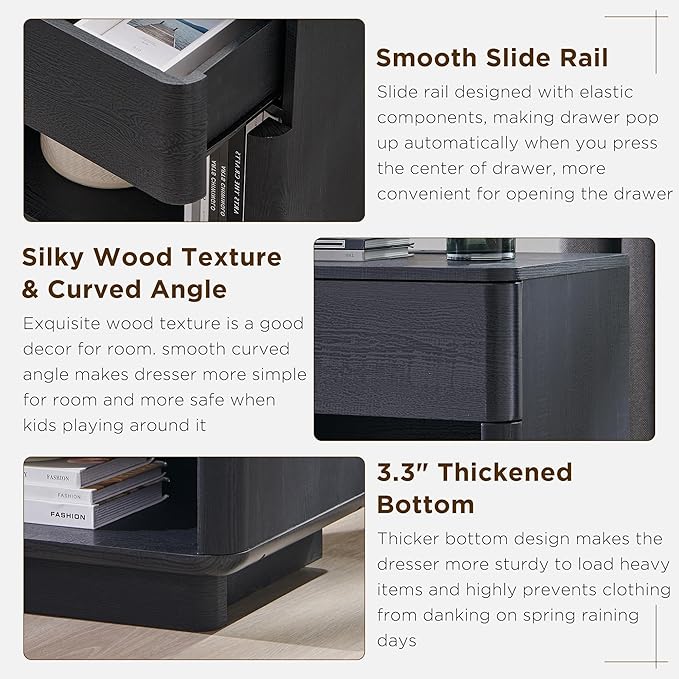 ACCOHOHO Modern Nightstand with Charger Station, 22" Wide Night Stand with Storage Drawer & Open Shelf, Large Bedside Table for Bedroom, Wood End Table, Curved Profile, Black