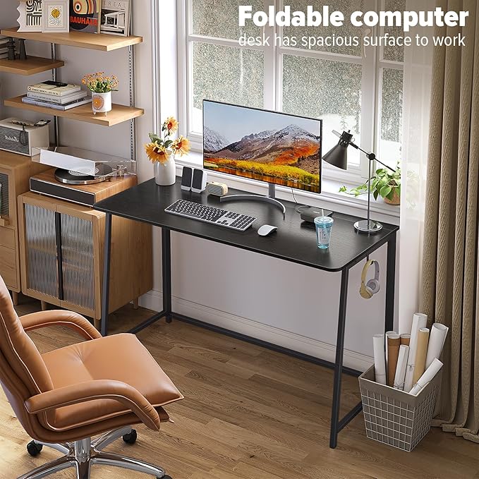 WOHOMO Folding Desk, 47.2" Foldable Computer Desk for Bedroom, Space Saving Computer Table Writing Workstation for Home Office, Easy Assembly, Black