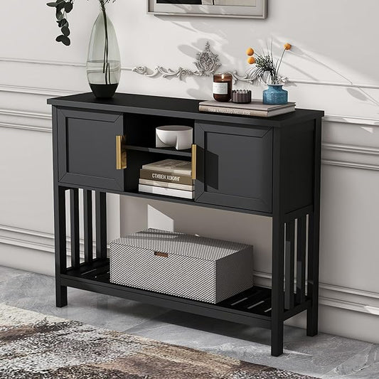 Entryway Console Table with 2 Doors & Storage & Shelf, Sofa Table Entrance Entry Way Table, Hallway Foyer Behind Couch Table (Black with 2 Doors)