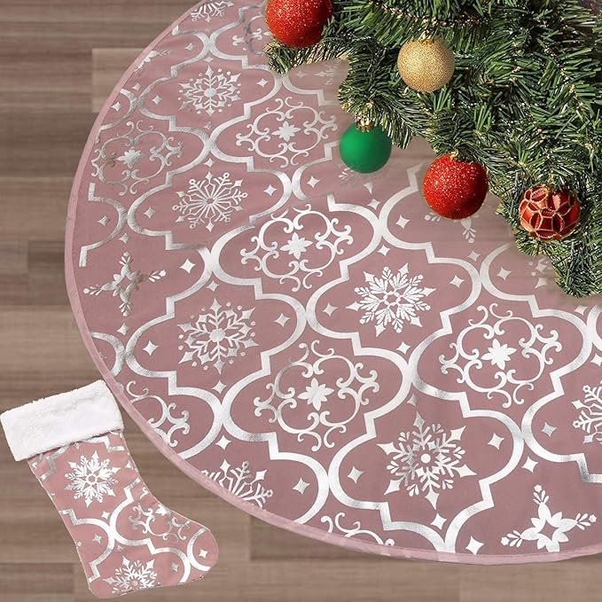 Flash World 36 Inch Large Christmas Tree Skirt Xmas Soft Cover Mat Decor Snowflake Collar Farmhouse Tree Skirt for Holiday Ornaments Party Home Indoor Decorations (Pink, 36INCH)